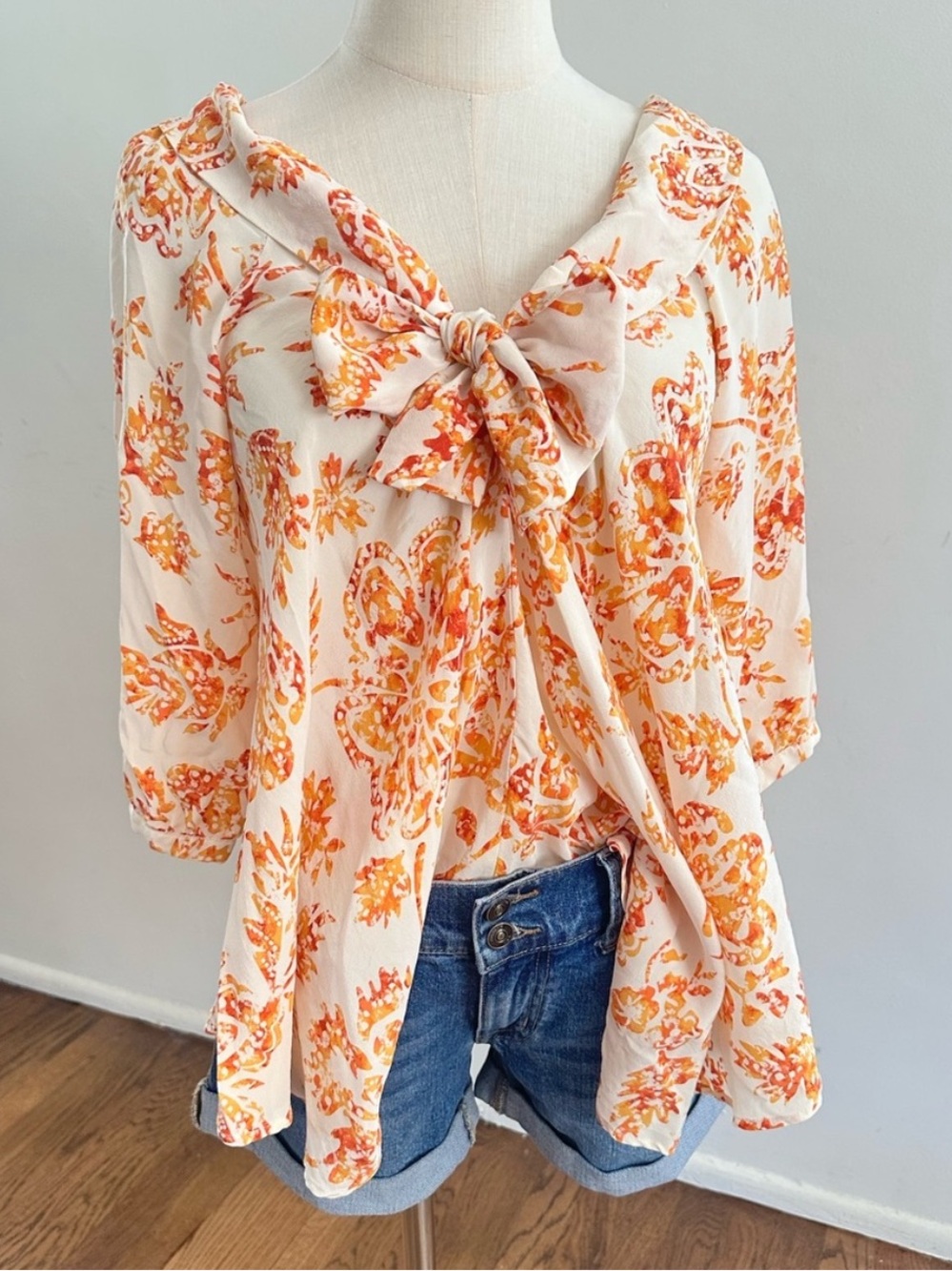 Cream Orange Paisley 100% Silk Tie Front Boho Tunic Blouse Resort Top L/XL
